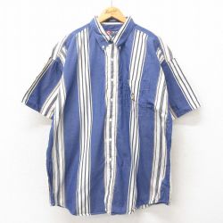 XL★古着 ラルフローレン Ralph Lauren チャップス 半袖 ブランド シャツ メンズ 90年代 90s ワンポイントロゴ 大きいサイズ ロング丈 コットン ボタンダウン 紺他 ネイビー ストライプ 25apr25 中古 トップス