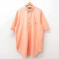 XL★古着 ラルフローレン Ralph Lauren 半袖 ブランド シャツ メンズ 90年代 90s ワンポイントロゴ 大きいサイズ ロング丈 コットン ボタンダウン オレンジ チェック 25apr25 中古 トップス