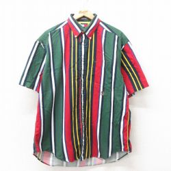 XL★古着 トミーヒルフィガー TOMMY HILFIGER 半袖 ブランド シャツ メンズ 90年代 90s ワンポイントロゴ コットン ボタンダウン 緑他 グリーン ストライプ 25apr25 中古 トップス