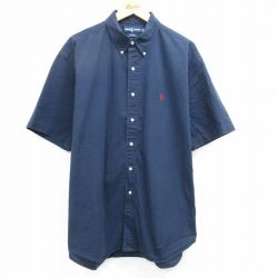 XL★古着 ラルフローレン Ralph Lauren 半袖 ブランド シャツ メンズ 90年代 90s ワンポイントロゴ BLAKE 大きいサイズ ロング丈 コットン ボタンダウン 濃紺 ネイビー 25apr25 中古 トップス