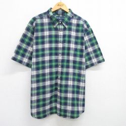 XL★古着 ラルフローレン Ralph Lauren 半袖 ブランド シャツ メンズ 90年代 90s ワンポイントロゴ 大きいサイズ ロング丈 コットン ボタンダウン 緑他 グリーン チェック 【spe】 25apr25 中古 トップス