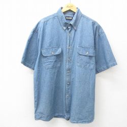 XL★古着 半袖 シャツ メンズ 大きいサイズ ロング丈 コットン ボタンダウン 紺 ネイビー デニム 25apr26 中古 トップス
