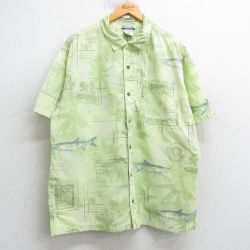 XL★古着 コロンビア COLUMBIA 半袖 シャツ メンズ 00年代 00s 魚 ヤシの木 総柄 コットン 黄緑他 25apr26 中古 トップス