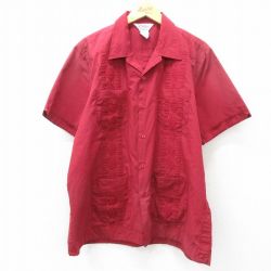 XL★古着 半袖 キューバ シャツ メンズ 90年代 90s 開襟 オープンカラー エンジ 25apr28 中古 トップス