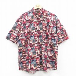 XL★古着 半袖 シャツ メンズ 魚 釣り 総柄 ボタンダウン 赤他 レッド 25apr28 中古 トップス