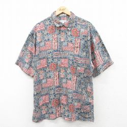 L★古着 ピエールカルダン pierre cardin 半袖 ブランド シャツ メンズ 90年代 90s 星条旗 花 総柄 レーヨン 紺他 ネイビー 25apr28 中古 トップス