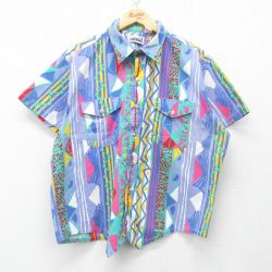 XL★古着 半袖 シャツ メンズ 90年代 90s 総柄 USA製 薄紺系他 ネイビー 25apr30 中古 トップス