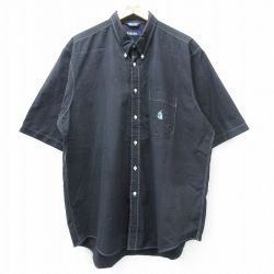 XL★古着 ノーティカ NAUTICA 半袖 ブランド シャツ メンズ 90年代 90s ワンポイントロゴ 大きいサイズ ロング丈 コットン ボタンダウン 黒他 ブラック ストライプ 25apr30 中古 トップス
