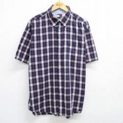 【50%OFF】XL★古着 トミージーンズ 半袖 ブランド シャツ メンズ 90年代 90s ワンポイントロゴ 大きいサイズ コットン ボタンダウン 濃紺他 ネイビー チェック 25apr30 中古 トップス