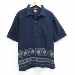 XL★古着 トミーヒルフィガー TOMMY HILFIGER 半袖 ブランド シャツ メンズ 90年代 90s ワンポイントロゴ 花 コットン 開襟 オープンカラー 濃紺 ネイビー 25apr30 中古 トップス