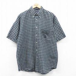 XL★古着 ノーティカ NAUTICA 半袖 ブランド シャツ メンズ 90年代 90s ワンポイントロゴ リネン ボタンダウン 紺他 ネイビー チェック 25apr30 中古 トップス