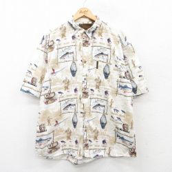 XL★古着 半袖 シャツ メンズ 釣り 魚 大きいサイズ コットン ボタンダウン ベージュ他 カーキ 25apr30 中古 トップス