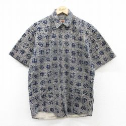 M★古着 半袖 シャツ メンズ 00年代 00s 桜 ひょうたん 総柄 コットン 紺他 ネイビー 25apr30 中古 トップス