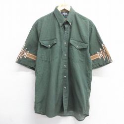 L★古着 半袖 シャツ メンズ 90年代 90s ネイティブ柄 ラグ柄 ロング丈 ボタンダウン USA製 緑他 グリーン 25apr30 中古 トップス