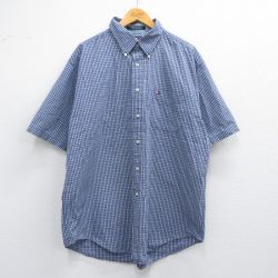 XL★古着 トミーヒルフィガー TOMMY HILFIGER 半袖 ブランド シャツ メンズ 90年代 90s ワンポイントロゴ ロング丈 コットン ボタンダウン 紺他 ネイビー チェック 25apr30 中古 トップス
