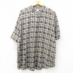 XL★古着 半袖 シャツ メンズ 総柄 ロング丈 レーヨン ノーカラー 黒他 ブラック 25may01 中古 トップス