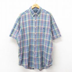 XL★古着 ラルフローレン Ralph Lauren 半袖 ブランド シャツ メンズ 90年代 90s ワンポイントロゴ BLAKE 大きいサイズ ロング丈 コットン ボタンダウン 紺 ネイビー チェック 25may02 中古 トップス
