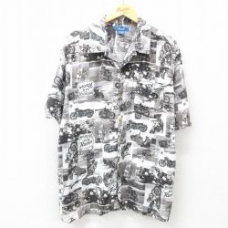 XL★古着 ピューリタン 半袖 シャツ メンズ バイク 総柄 レーヨン 開襟 オープンカラー 黒他 ブラック 25may07 中古 トップス