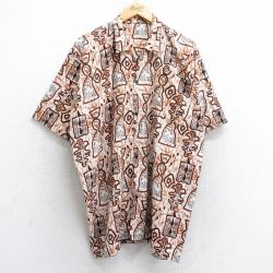 XL★古着 半袖 シャツ メンズ 総柄 ロング丈 開襟 オープンカラー 茶他 ブラウン 25may08 中古 トップス