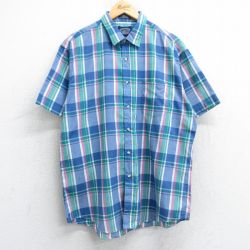 XL★古着 半袖 シャツ メンズ 90年代 90s ロング丈 紺他 ネイビー チェック 25may08 中古 トップス