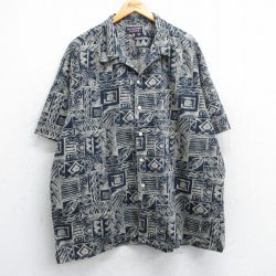 XL★古着 半袖 シャツ メンズ 00年代 00s 葉 総柄 大きいサイズ ロング丈 コットン 開襟 オープンカラー ベージュ他 カーキ 25may08 中古 トップス