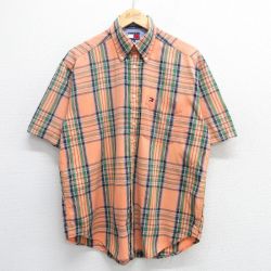 L★古着 トミーヒルフィガー TOMMY HILFIGER 半袖 ブランド シャツ メンズ 90年代 90s ワンポイントロゴ コットン ボタンダウン 薄オレンジ他 チェック 25may08 中古 トップス