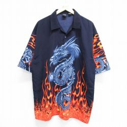 XL★古着 半袖 シャツ メンズ ドラゴン ファイヤーパターン 大きいサイズ ロング丈 開襟 オープンカラー 黒他 ブラック 【spe】 25may08 中古 トップス