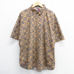 XL★古着 トミーヒルフィガー TOMMY HILFIGER 半袖 ブランド シャツ メンズ 90年代 90s ワンポイントロゴ 総柄 大きいサイズ ロング丈 コットン ボタンダウン 紺他 ネイビー 【spe】 25may08 中古 トップス