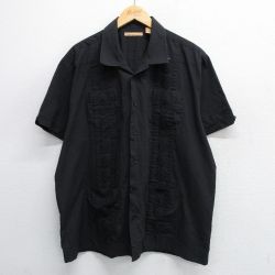 XL★古着 半袖 キューバ シャツ メンズ 大きいサイズ 開襟 オープンカラー 黒 ブラック 25may08 中古 トップス