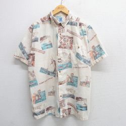 XL★古着 半袖 シャツ メンズ 90年代 90s 釣り 魚 総柄 大きいサイズ ボタンダウン 薄ベージュ他 カーキ 25may08 中古 トップス