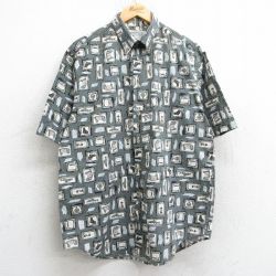 L★古着 半袖 シャツ メンズ 魚 ブーツ ランプ コットン ボタンダウン 緑系他 グリーン 25may09 中古 トップス