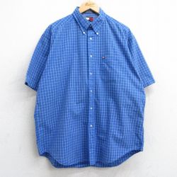 【50%OFF】XL★古着 トミーヒルフィガー TOMMY HILFIGER 半袖 ブランド シャツ メンズ 90年代 90s ワンポイントロゴ コットン ボタンダウン 青他 ブルー チェック 25may09 中古 トップス