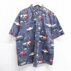 XL★古着 半袖 シャツ メンズ 車 総柄 大きいサイズ コットン ボタンダウン 紺他 ネイビー 25may09 中古 トップス