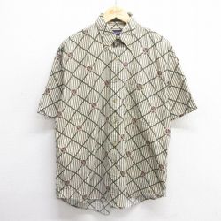 【50%OFF】XL★古着 半袖 シャツ メンズ 90年代 90s ゴルフ コットン ボタンダウン 濃緑他 グリーン ストライプ 25may09 中古 トップス