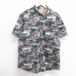 XL★古着 レッドヘッド 半袖 シャツ メンズ 戦闘機 総柄 黒他 ブラック 25may09 中古 トップス