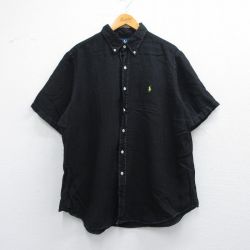 XL★古着 ラルフローレン Ralph Lauren 半袖 ブランド シャツ メンズ 90年代 90s ワンポイントロゴ 大きいサイズ リネン ボタンダウン 黒 ブラック 25may09 中古 トップス