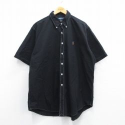 XL★古着 ラルフローレン Ralph Lauren 半袖 ブランド シャツ メンズ 90年代 90s ワンポイントロゴ オックスフォード 大きいサイズ ロング丈 コットン ボタンダウン 黒 ブラック 25may09 中古 トップス