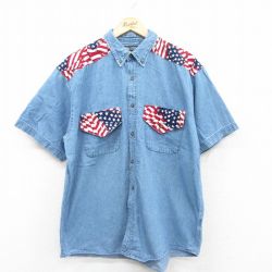 XL★古着 FADED GLORY 半袖 ウエスタン シャツ メンズ 星条旗 大きいサイズ コットン 紺 ネイビー デニム他 25may09 中古 トップス