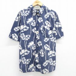 XL★古着 半袖 シャツ メンズ 00年代 00s 葉 総柄 大きいサイズ コットン ボタンダウン 紺他 ネイビー 【spe】 25may09 中古 トップス