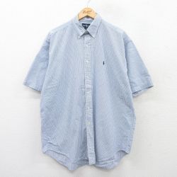 XL★古着 ラルフローレン Ralph Lauren 半袖 ブランド シャツ メンズ 90年代 90s ワンポイントロゴ BLAKE 大きいサイズ コットン ボタンダウン 薄紺他 ネイビー ストライプ 25may10 中古 トップス