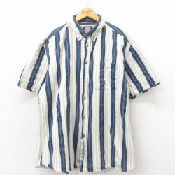 XL★古着 FADED GLORY 半袖 シャツ メンズ 00年代 00s コットン ボタンダウン 薄ベージュ他 カーキ ストライプ 25may12 中古 トップス