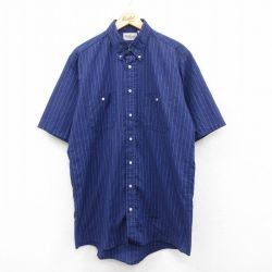 XL★古着 半袖 シャツ メンズ ロング丈 ボタンダウン 紺他 ネイビー ストライプ 25may13 中古 トップス