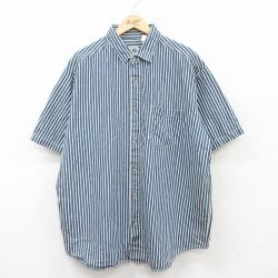 XL★古着 ベーシックエディションズ 半袖 シャツ メンズ 90年代 90s 大きいサイズ ロング丈 コットン 紺他 ネイビー ストライプ 25may13 中古 トップス