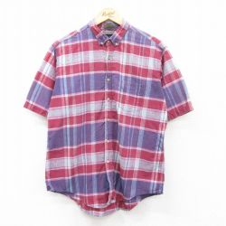 L★古着 半袖 シャツ メンズ 90年代 90s コットン ボタンダウン エンジ他 チェック 25may13 中古 トップス