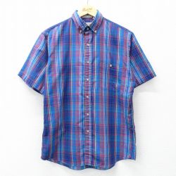 【50%OFF】M★古着 半袖 シャツ メンズ 90年代 90s ボーダー紺他 ネイビー チェック 25may15 中古 トップス
