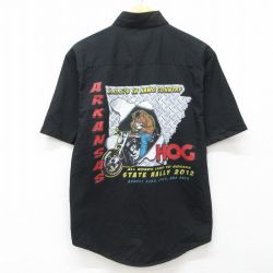 M★古着 半袖 シャツ メンズ ARKANSAS HOG バイク ボタンダウン 黒 ブラック 25may14 中古 トップス