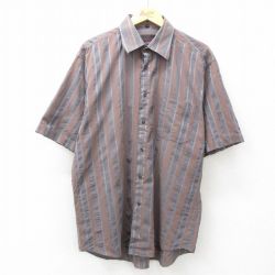 XL★古着 ピエールカルダン pierre cardin 半袖 ブランド シャツ メンズ 90年代 90s ロング丈 茶他 ブラウン ストライプ 25may15 中古 トップス