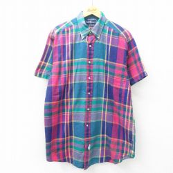 XL★古着 ラルフローレン Ralph Lauren 半袖 ブランド シャツ メンズ 90年代 90s ワンポイントロゴ 大きいサイズ ロング丈 コットン ボタンダウン 緑他 グリーン チェック 25may15 中古 トップス