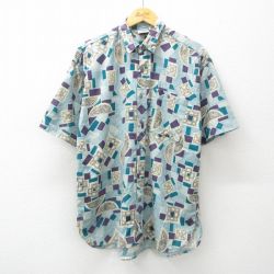 【50%OFF】L★古着 バンヒューセン 半袖 シャツ メンズ 90年代 90s 総柄 薄紺 ネイビー 25may15 中古 トップス