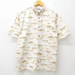 XL★古着 コロンビア COLUMBIA 半袖 シャツ メンズ 00年代 00s 魚 総柄 コットン ボタンダウン 白 ホワイト 25may15 中古 トップス